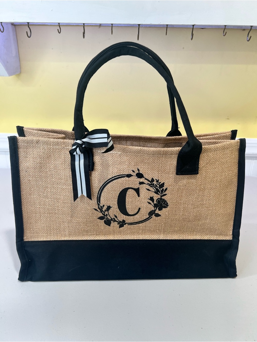 Personalized Monogram C Straw Tote Bag in Natural and Black